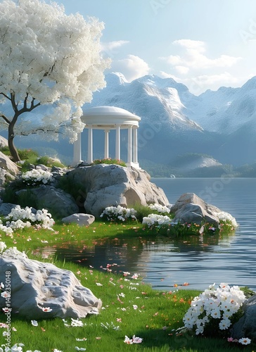 32K Ultra HD Ecological Landscape: UE5-Rendered Spring Mountain Pavilion with Floral Lake for Metaverse & Surreal Wallpaper Design