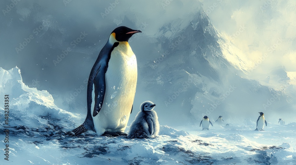 Fototapeta premium Majestic emperor penguin and chick on icy landscape