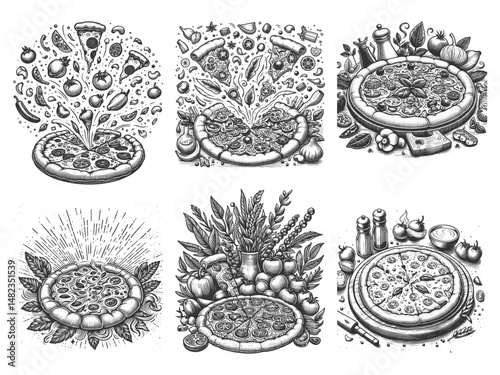 pizza Set collection bundle sketch engraving generative ai vector illustration. Scratch board imitation. Black and white image.