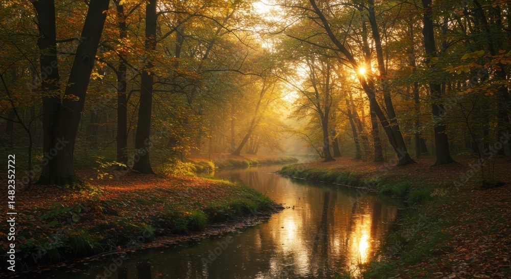 Fototapeta premium Serene Autumn Forest with Golden Light Reflecting on Calm River