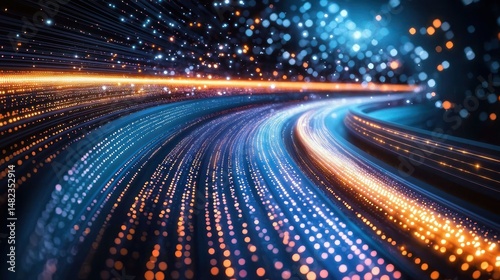 Data streams flowing with blue and orange lights effect