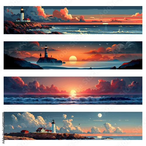 lighthouses on rocky shores with colorful sunset skies, ocean waves, and glowing moonlight scenes wide panoramic collection set vector illustration. Vector illustration