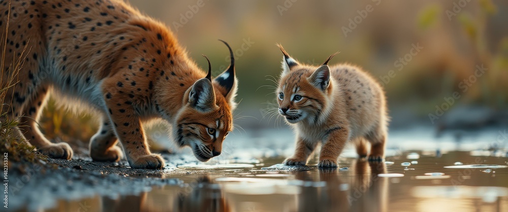 Obraz premium Lynx Family: Mother and Cub Drinking from a Reflective Stream in a Natural Setting