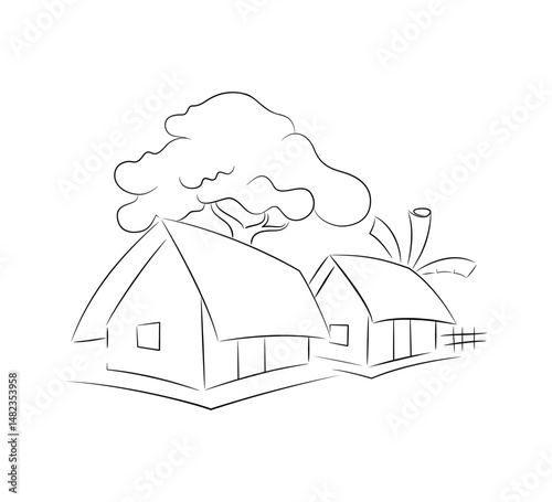 coloring page of village. line art of house and tree.
