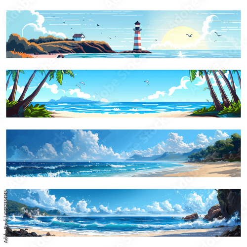 Tropical and Coastal Beach Scenes with Clear Blue Skies wide panoramic collection set vector illustration. Vector illustration