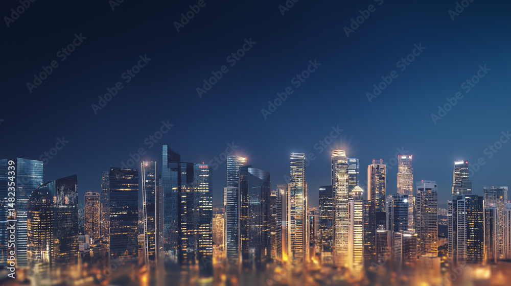 Obraz premium 夜景に浮かび上がる高層ビル群と輝く都市の光