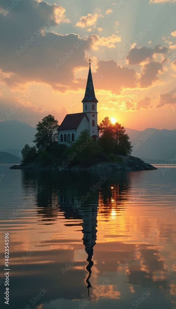 Obraz premium Serene Island Church at Sunset: Calm Waters Reflect Spiritual Sanctuary