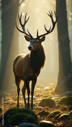 Majestic deer in a foggy forest illuminated by golden sunlight, highlighting nature's beauty and tranquility in a serene woodland scene