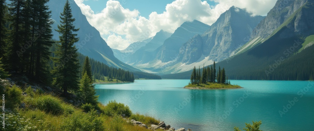Naklejka premium Serene turquoise glacial lake nestled among towering mountain peaks with lush forests, showcasing pristine natural beauty and idyl