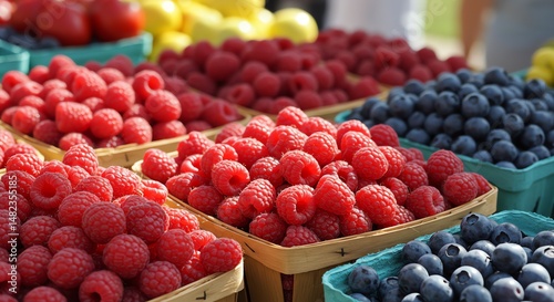 Raspberries and blueberries at a farmers market