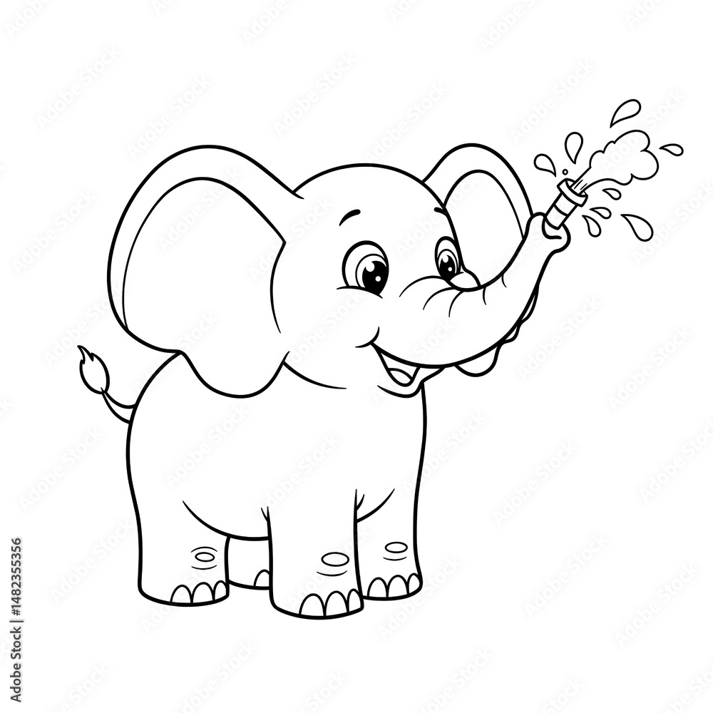Obraz premium Adorable Cartoon Baby Elephant Spraying Water Trunk Up Cheerful Playful Animal Illustration Perfect for Children's Books and Cute Designs