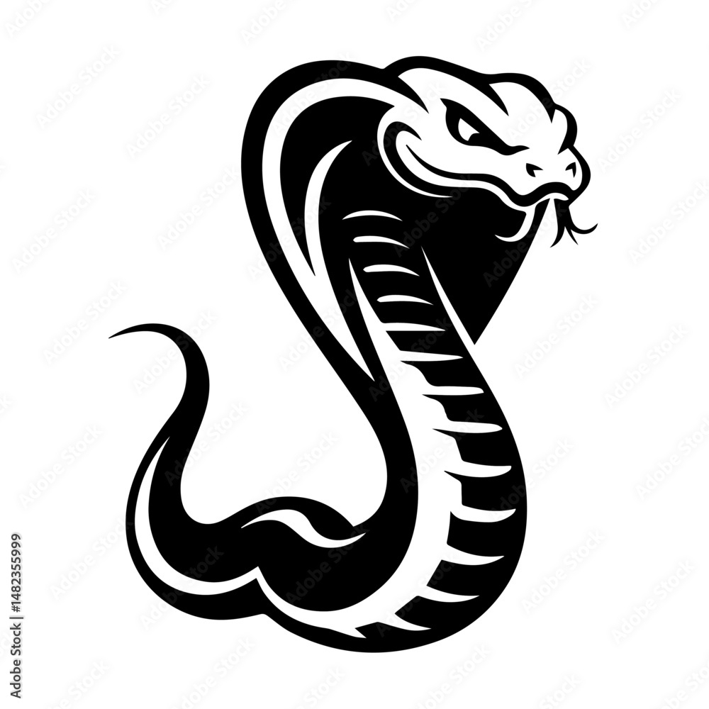 Fototapeta premium old black and white illustration of a coiled cobra with hood flared and fangs bared, captured in a dynamic, aggressive pose. The stylized tribal design emphasizes motion and menace.