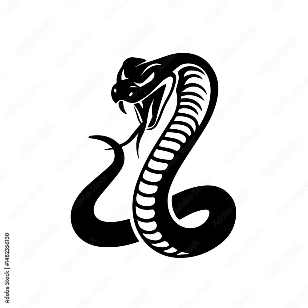 Fototapeta premium old black and white illustration of a coiled cobra with hood flared and fangs bared, captured in a dynamic, aggressive pose. The stylized tribal design emphasizes motion and menace.