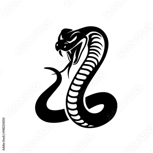 old black and white illustration of a coiled cobra with hood flared and fangs bared, captured in a dynamic, aggressive pose. The stylized tribal design emphasizes motion and menace.