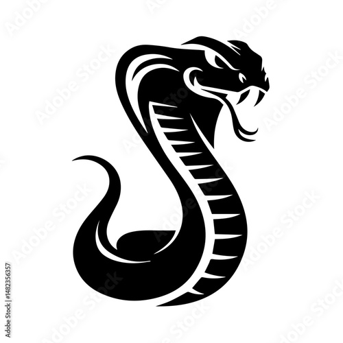 old black and white illustration of a coiled cobra with hood flared and fangs bared, captured in a dynamic, aggressive pose. The stylized tribal design emphasizes motion and menace.