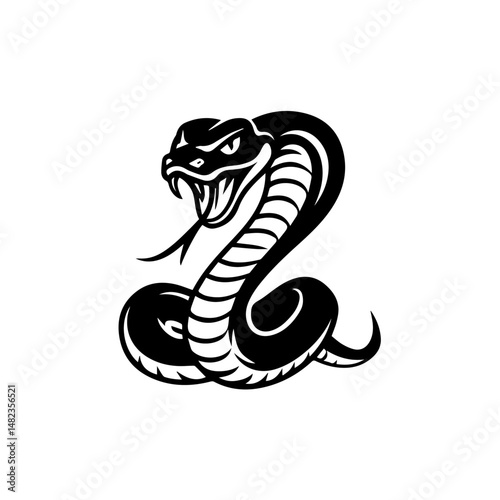 old black and white illustration of a coiled cobra with hood flared and fangs bared, captured in a dynamic, aggressive pose. The stylized tribal design emphasizes motion and menace.