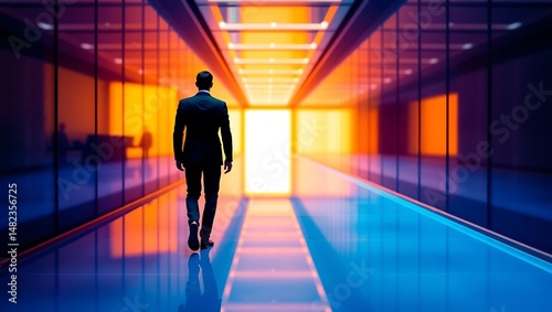 A businessman walking down a futuristic hallway with bright orange and blue lighting and glass walls