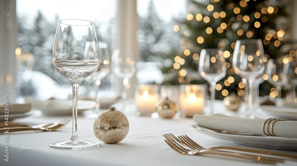 Fototapeta premium Festive table with ornament, glasses, and golden cutlery