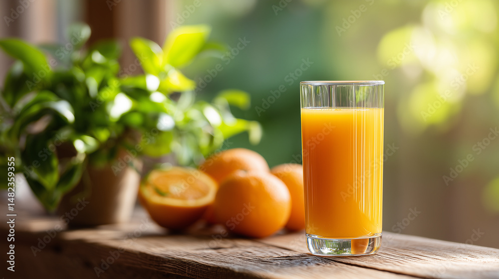 Fototapeta premium Freshly squeezed orange juice in a glass on a wooden table. Health care in a modern kitchen in the morning.