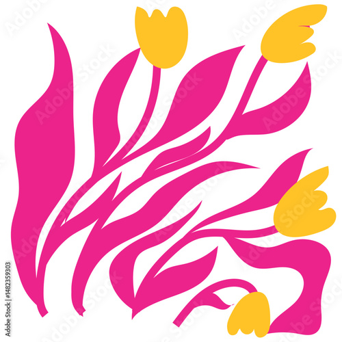 Abstract floral design with vibrant pink and yellow tulips