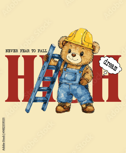 Teddy Bear Construction Worker with Ladder Vector Illustration.