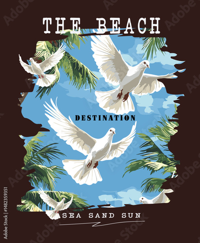 Beach Destination Vector Illustration with Flying Pigeons and Palm Trees.