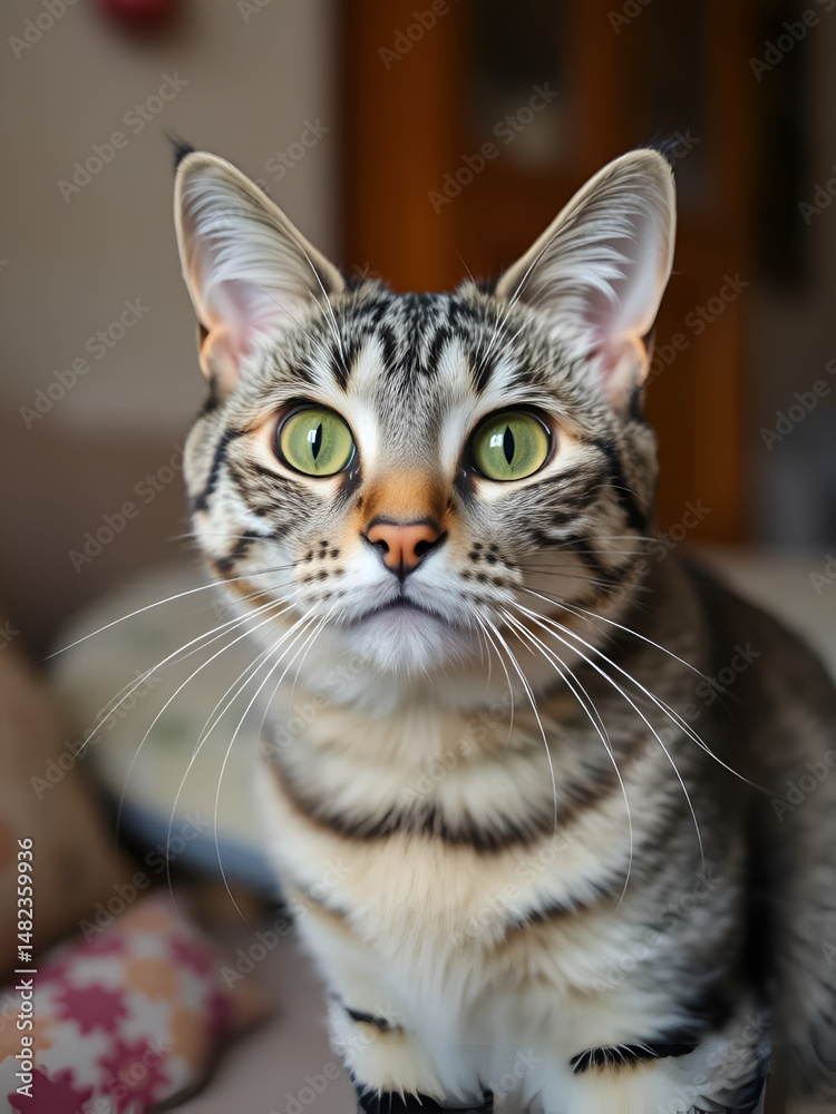 Fototapeta premium Pets in the home are curious gray tabby cat willingly poses for the camera