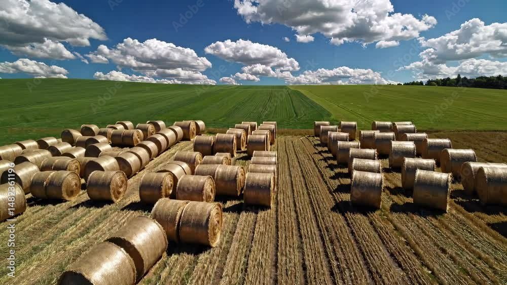 Golden hay bales on harvested field under dramatic cloudy sky, rural farming scene symbolizing agriculture, autumn season and countryside productivity Golden hay bales on harvested field under dramatic cloudy sky, rural farming scene symbolizing agriculture, autumn season and countryside productivity