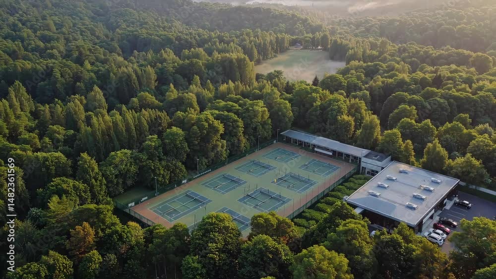 Forest sports complex surrounded by lush green trees in aerial sunlight view, remote training facility symbolizing nature, wellness and secluded professional preparation