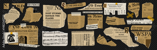 Set of torn newspaper and book pages with ripped edges. Vintage paper textures for retro collage, zines, scrapbooking, poster design, and nostalgic creative projects.