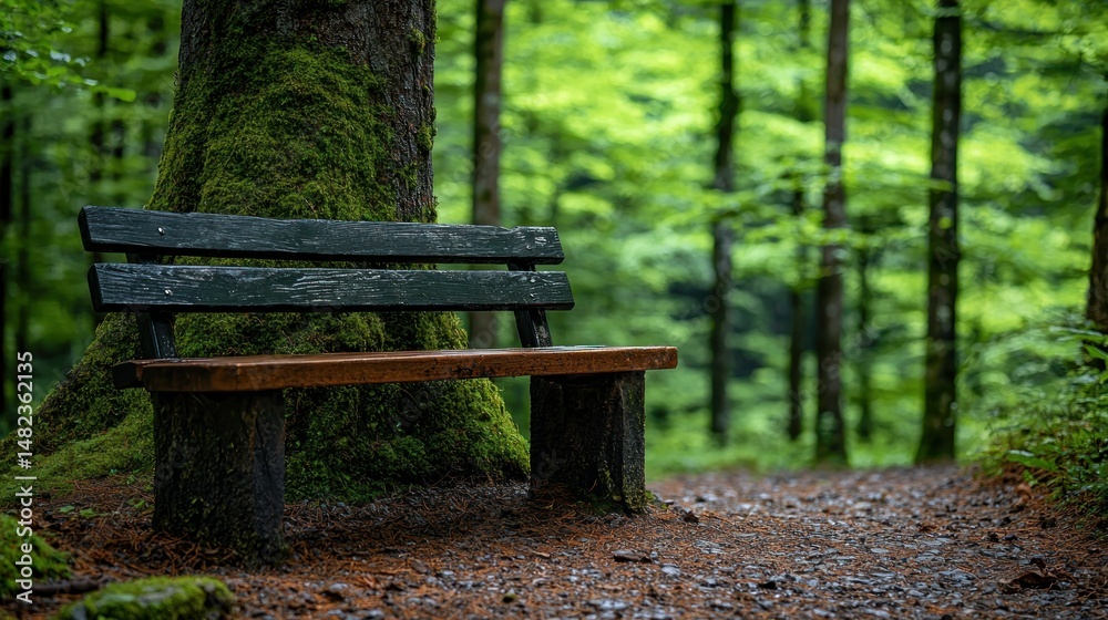 Forest bench. Nature's serene spot. Rest with trees Forest bench. Nature's serene spot. Rest with trees