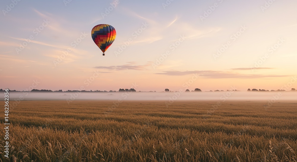 Obraz premium Hot air balloon over landscape at sunrise