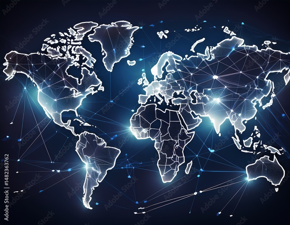 Fototapeta premium Leuchtende Weltkarte mit weißen Vernetzungslinien auf dunklem Hintergrund