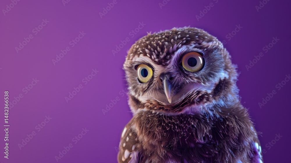 Obraz premium Close-up of an owl with striking yellow eyes, detailed feathers, wildlife portrait, nocturnal bird, nature photography, owl face, animal eyes, sharp gaze, Copy Space