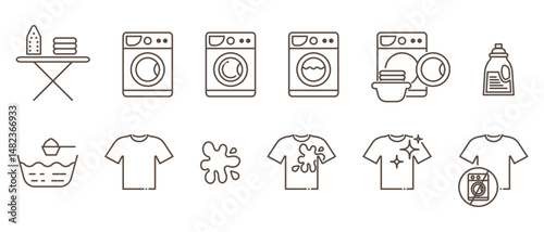 Laundry self service linear icons isolated on transparent background. Washing service icons. Washing machine, t-shirt, spot liquid detergent, basin, iron, clean shirt and other icons.
