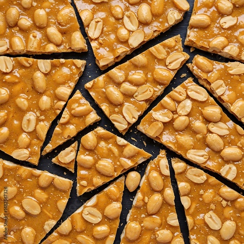 Broken pieces of golden brown peanut brittle with visible peanuts embedded.