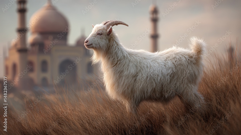 Fototapeta premium A fluffy goat stands amidst tall grass near a historic building.