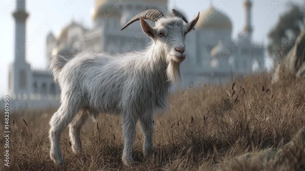 Fototapeta premium Fluffy goat in a field stands before a majestic structure.