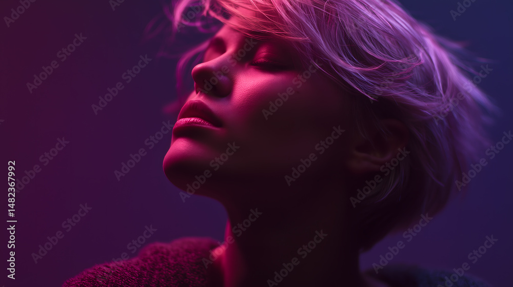 Close-up portrait of a serene woman with closed eyes and short pastel hair, illuminated by pink and purple lighting, conveying calm, introspection, and beauty. Close-up portrait of a serene woman with closed eyes and short pastel hair, illuminated by pink and purple lighting, conveying calm, introspection, and beauty.