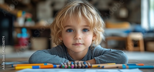 Adorable Toddler with Blonde Hair, Pencils, and Drawing Paper