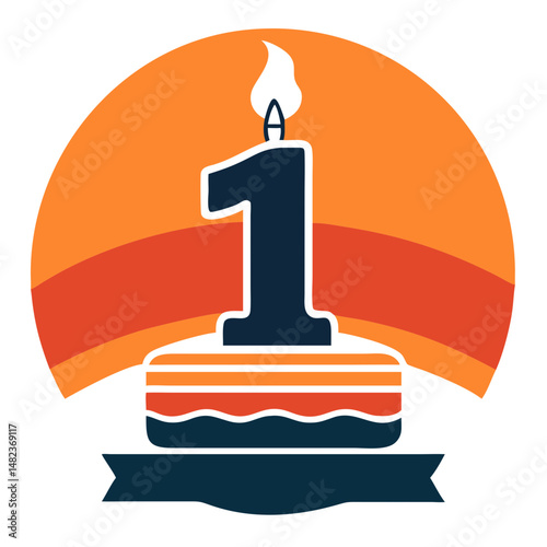 1st year birthday cake silhouette on retro vintage vector illustration