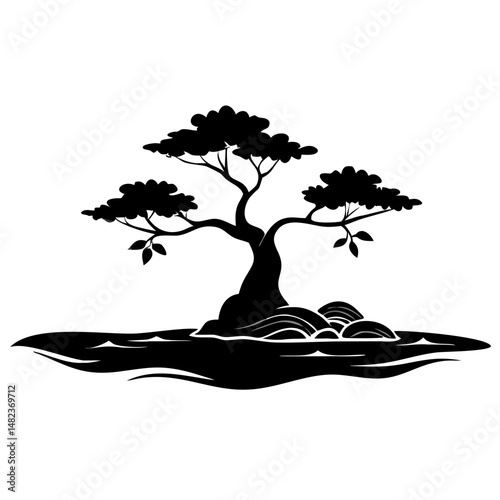 silhouette of lone tree on a cliff edge vector illustration