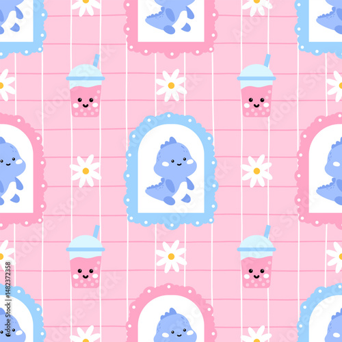 Kawaii-style dino Seamless pattern featuring flowers, gingham, and cheerful colors. Vector design made for baby fashion, nursery prints, and girly textile products