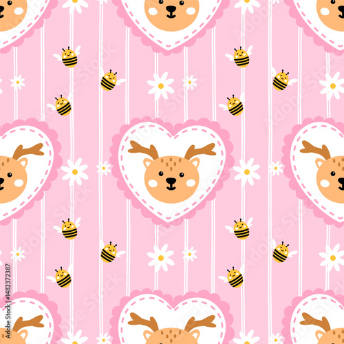 Kawaii deer seamless pattern in a forest background, featuring woodland animals. Vector design, ideal for winter or woodland nursery items and textiles