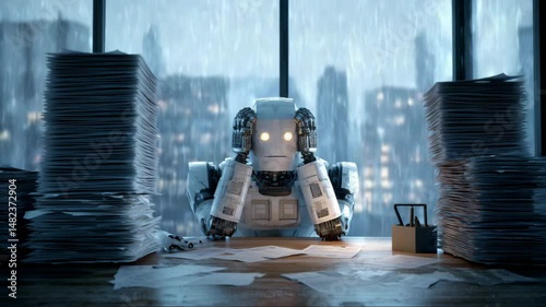 Office robot buried in paperwork, symbolizing automation challenges in human-centered bureaucratic systems