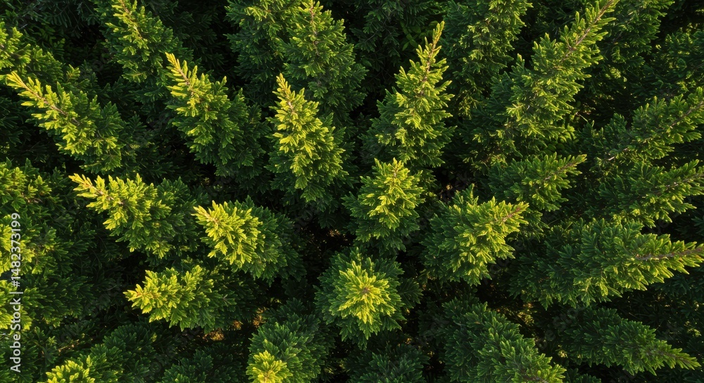Fototapeta premium Aerial view of lush green coniferous trees in a vibrant forest setting