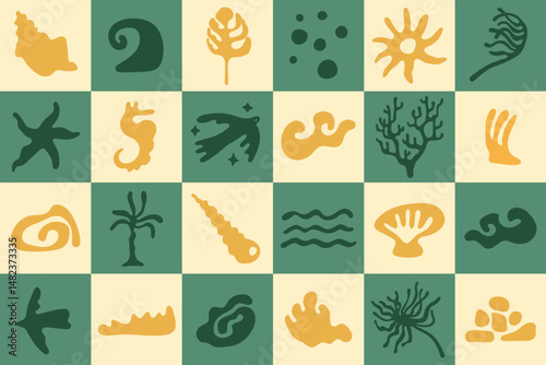 Vector design elements set of summer holiday vibes for prints templates - simple hand drawn linocut style. Wavy and groovy shapes for packaging, prints, social media, surface design