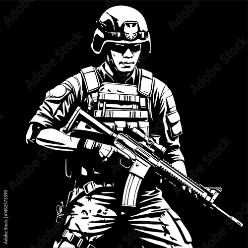Vector illustration of a fully armed soldier ready for battle, black and white image of war troops, army