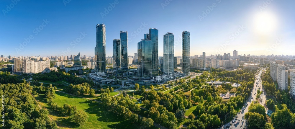 Obraz premium Moscow City Skyline: Modern Architecture Amidst Lush Greenery