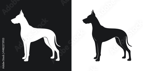 Silhouetted profile of a great dane dog in black and white with minimalist design
